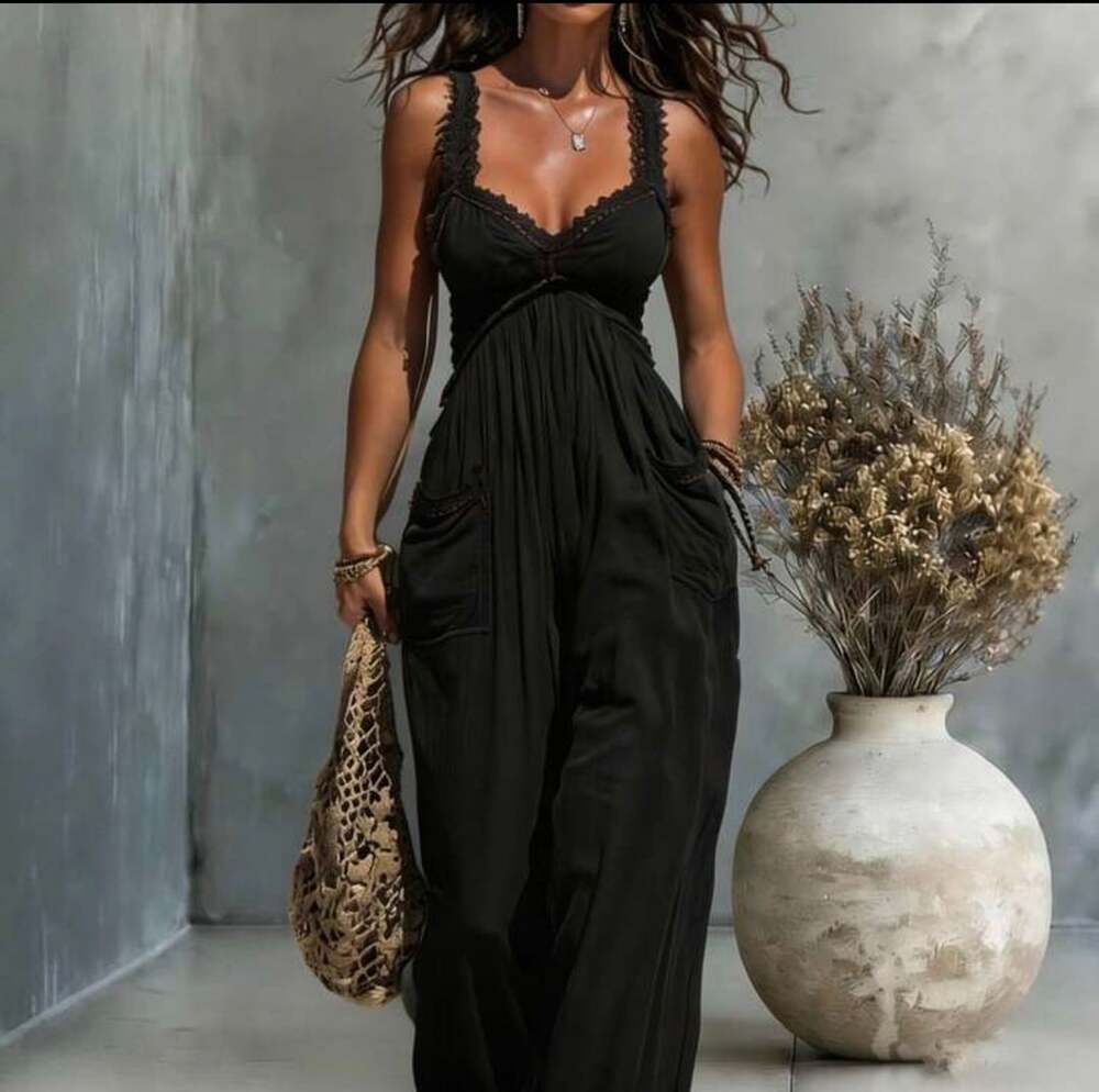 EMERY ROSE Black Lace Trim V-Neck Loose Jumpsuit